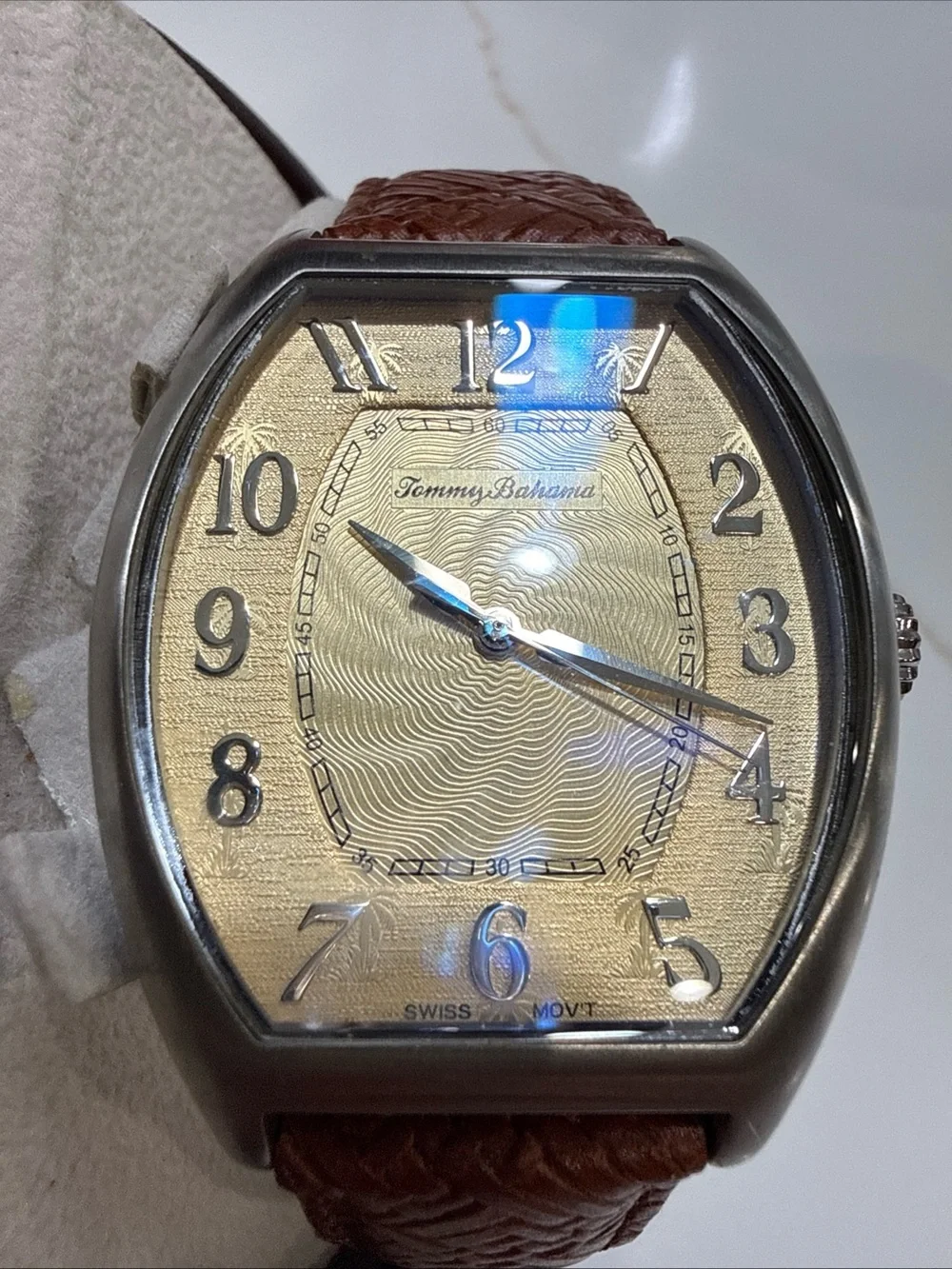 Tommy Bahama Men's Tonneau Gold Dial Quartz Brown Leather Strap Watch